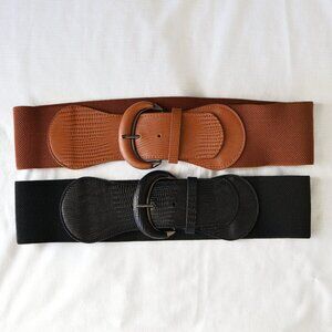 Set of Two Stretchy Belts - One Brown &  One Black - Faux Leather - Buckle Style
